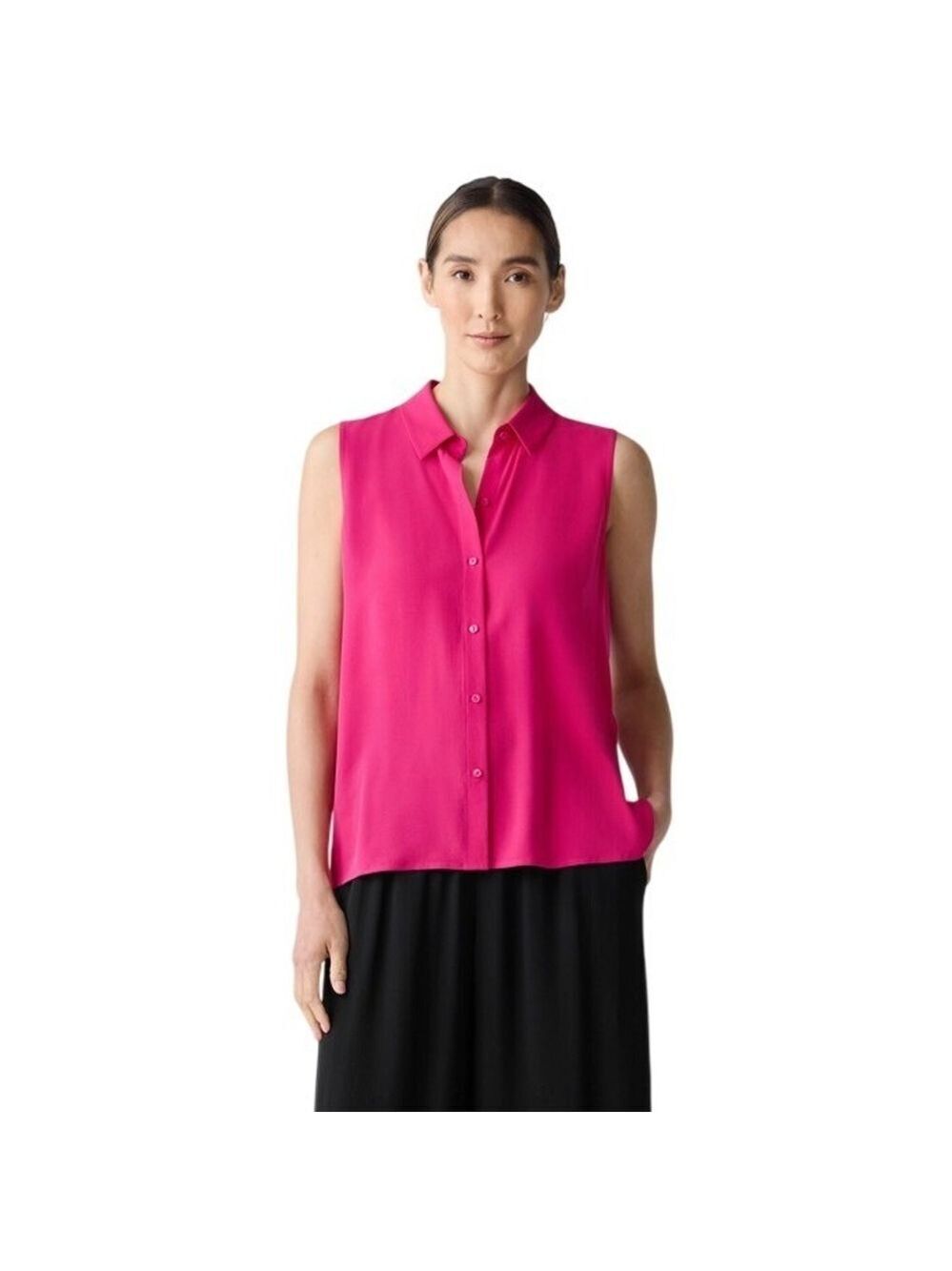 Eileen Fisher Silk Georgette Crepe Classic Collar Sleeveless Shirt Sz M Azalea